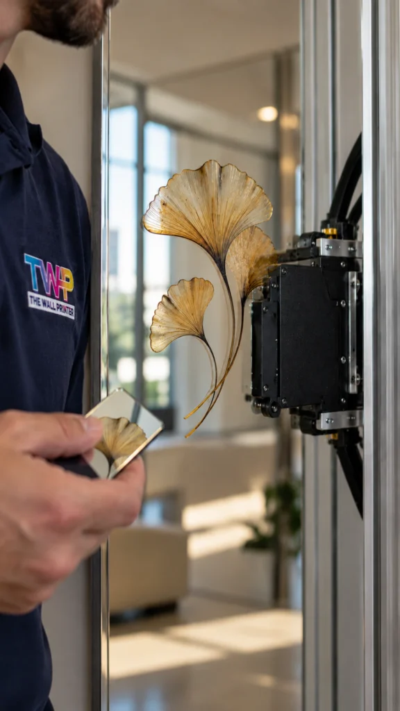 Rendering: Ginkgo leaves printed on an office glass partition