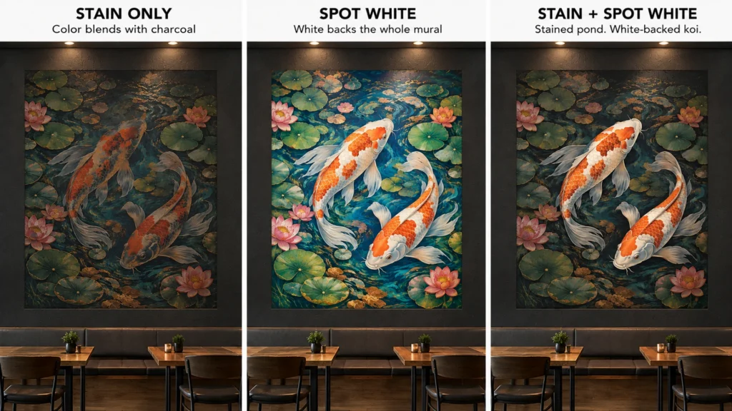 Rendering: three versions of a koi pond mural on a charcoal restaurant wall, stain only blending with the charcoal, spot white behind the whole mural, and a stained pond with white-backed koi