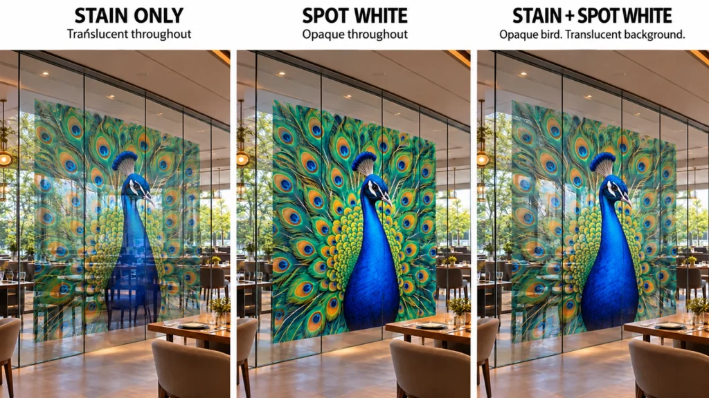 Rendering: three versions of a peacock print on a glass restaurant partition, translucent stain only, opaque spot white, and an opaque bird over a translucent background