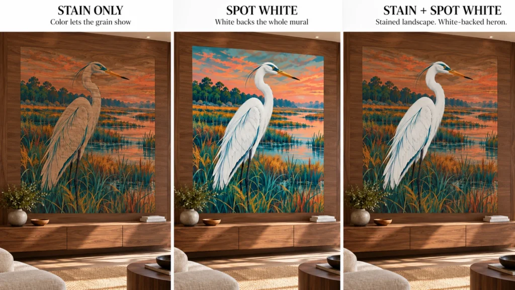 Rendering: three versions of a heron marsh mural on a walnut wall, stain only with the grain showing, spot white behind the whole mural, and a stained landscape with a white-backed heron