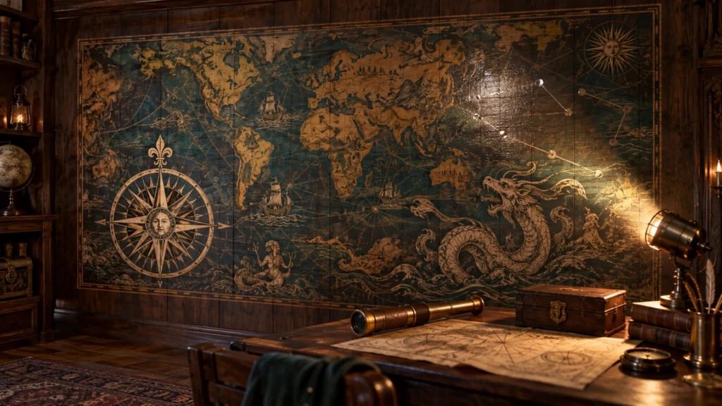 Rendering: an old world map with a compass rose and sea serpent printed on dark wood plank walls in a study