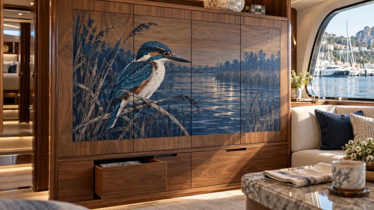 Rendering: a kingfisher on a reed-lined lake printed across walnut cabinet doors in a yacht salon