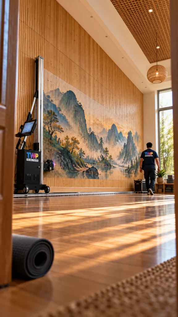 Rendering: Ink-wash mountain landscape printed on a bamboo slat wall in a yoga studio
