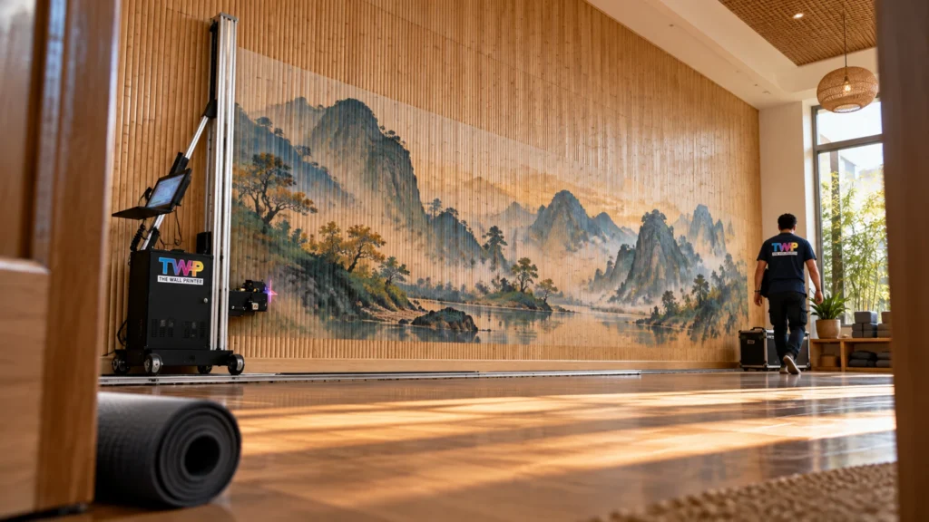 Rendering: Ink-wash mountain landscape printed on a bamboo slat wall in a yoga studio