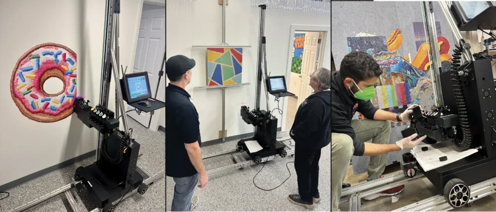 Printer at work in three frames: a donut print on a wall, a geometric print, an operator loading the print head