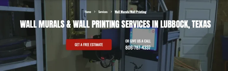 Viking Designs and Graphics website, showing their wall printer set up in the shop in Lubbock, Texas