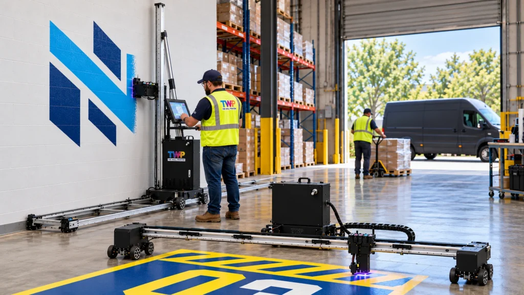 Rendering: Logo printed on a warehouse wall and a bay number printed on the concrete floor