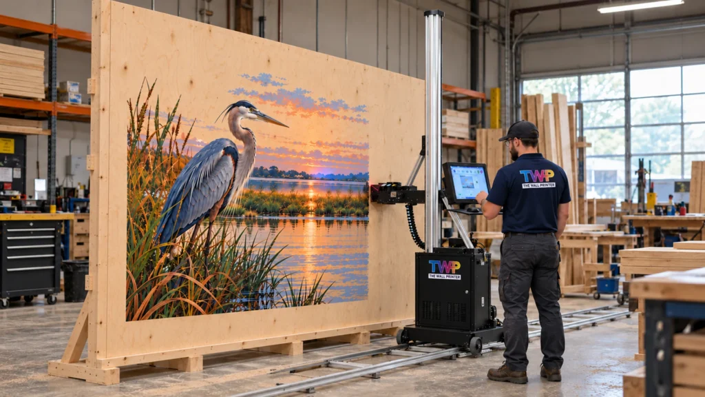 Rendering: Heron at sunset printed on a plywood panel in a woodshop